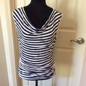 Navy and white striped sleeveless blouse